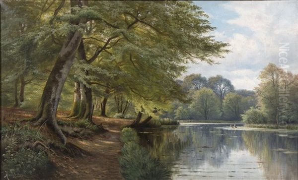 Skogslandskap Med Vattendrag Oil Painting by August Jacobsen