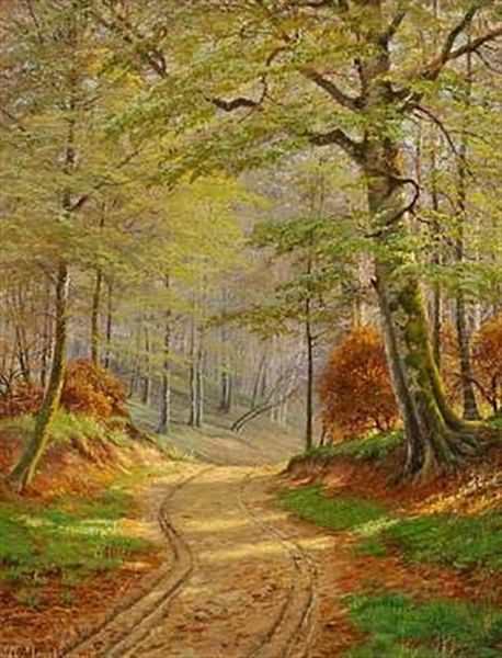 Forarsskov Med Nyudsprungne Bogetraeer Oil Painting by August Jacobsen