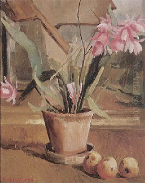 Stilleben Mit Kaktus Und Apfeln Auf Fensterbank Mit Durchblick Ins Freie Oil Painting by Rudolph Jacobsen