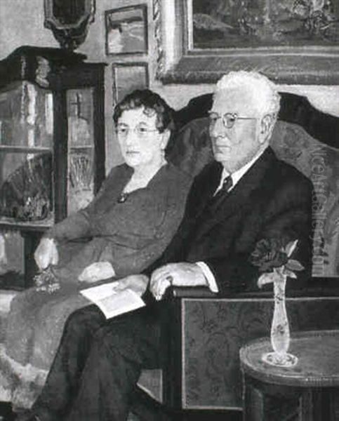 Aegteparret Anna Og Peter Duus Siddende I En Sofa Oil Painting by Rudolph Jacobsen