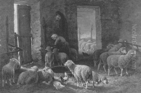In The Stable Oil Painting by Charles Emile Jacque