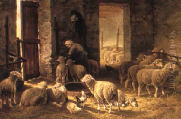 In The Stable Oil Painting by Charles Emile Jacque