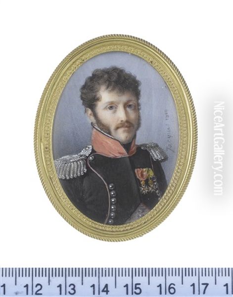An Officer, Wearing The Uniform Of The Chasseurs-a-cheval, Dark Green Jacket With Red Piping And Standing Collar, Silver Buttons And Epaulettes Oil Painting by Nicolas Jacques