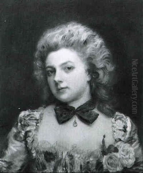 Bust-length Portrait Of A Woman Wearing A Floral Organza Gown Oil Painting by Gustave Jean Jacquet