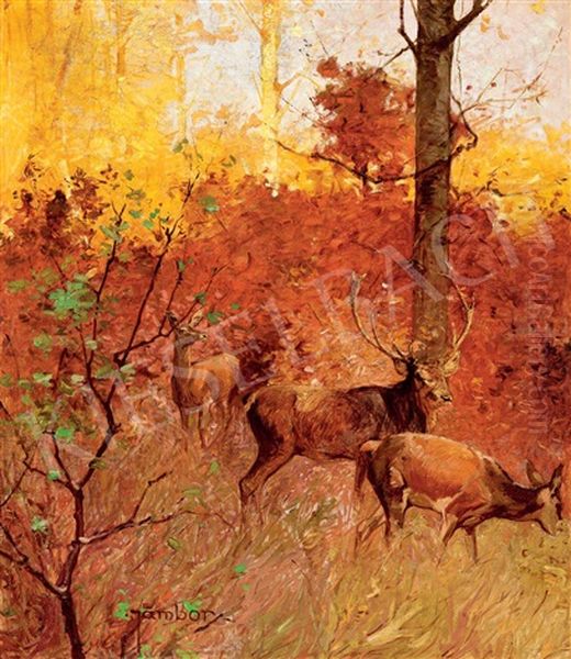 Deers In The Autumn Forest Oil Painting by Lajos (Louis) Jambor