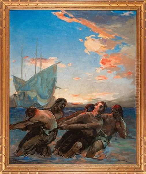 Sailors Pulling The Heaving Line Oil Painting by Lajos (Louis) Jambor