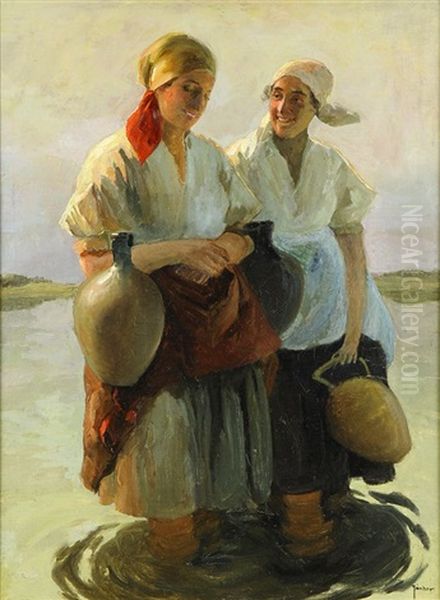 Two Women Collecting Water Oil Painting by Lajos (Louis) Jambor