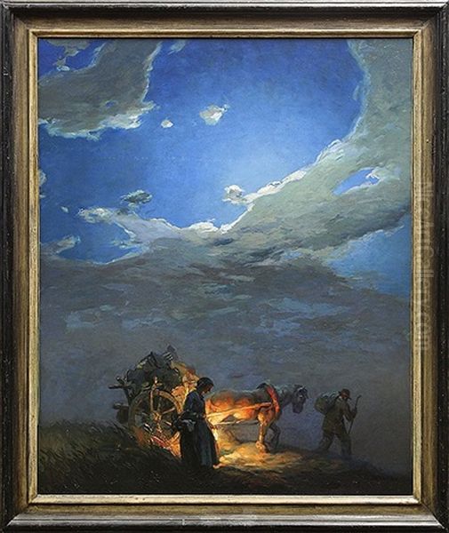 Travelers By Moonlight Oil Painting by Lajos (Louis) Jambor