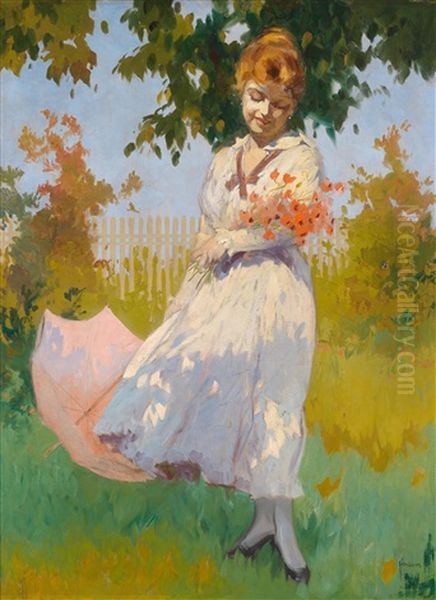 Junge Frau Im Garten Mit Sonnenschirm Oil Painting by Lajos (Louis) Jambor