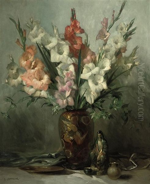 Gladioli In An Oriental Vase With Ornaments On A Draped Table Oil Painting by Lajos (Louis) Jambor