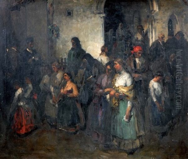 La Sortie D'eglise Oil Painting by Lajos (Louis) Jambor
