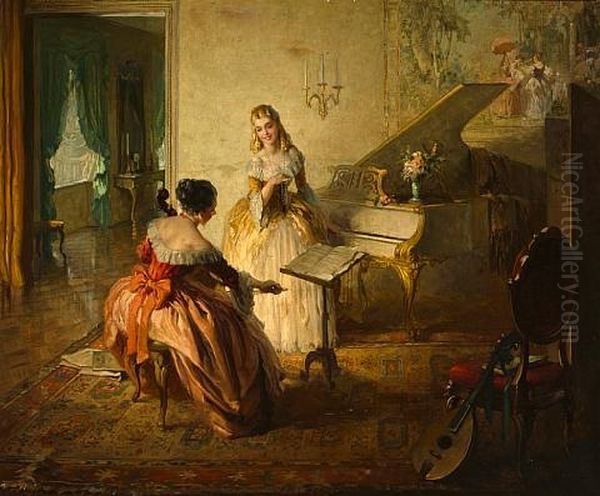 A Musical Interlude Oil Painting by Lajos (Louis) Jambor