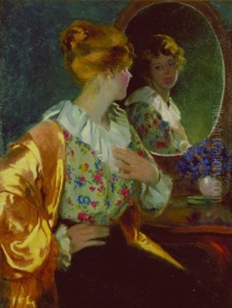 Woman Before A Mirror Oil Painting by Lajos (Louis) Jambor