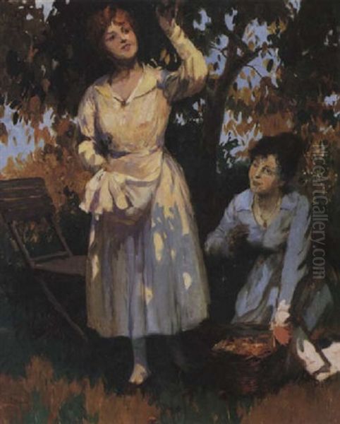 Picking Fruit In The Afternoon Oil Painting by Lajos (Louis) Jambor