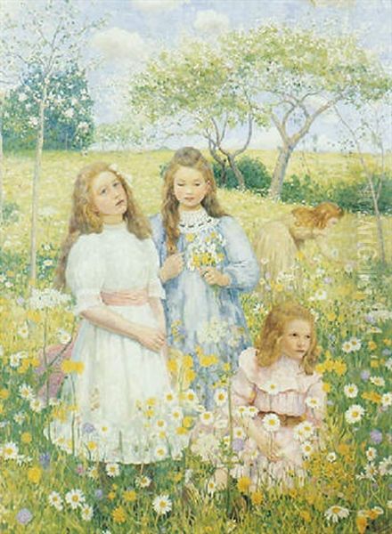 Tre Bambine In Un Prato Oil Painting by Lajos (Louis) Jambor