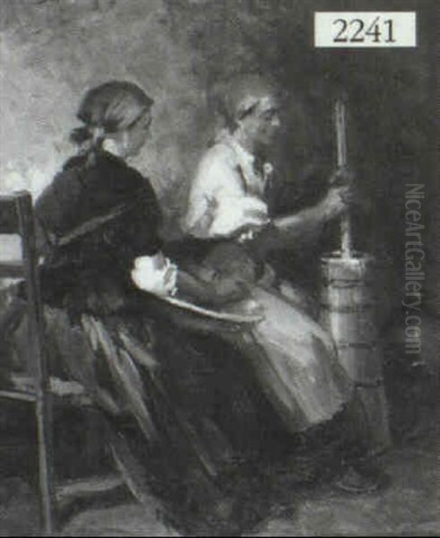 Two Peasant Women Churning Butter Oil Painting by Lajos (Louis) Jambor