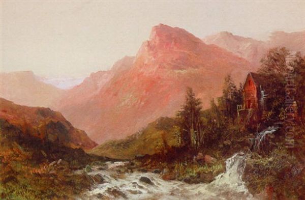 A Mountain Landscape With A Water Mill In The Foreground Oil Painting by Frank E. Jamieson