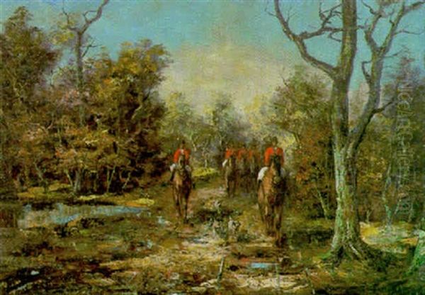 Reiter Mit Hunden Im Herbstwald Oil Painting by Angelo Jank