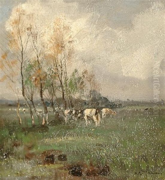 Cows Grazing In A Meadow Oil Painting by Willem George Frederik Jansen