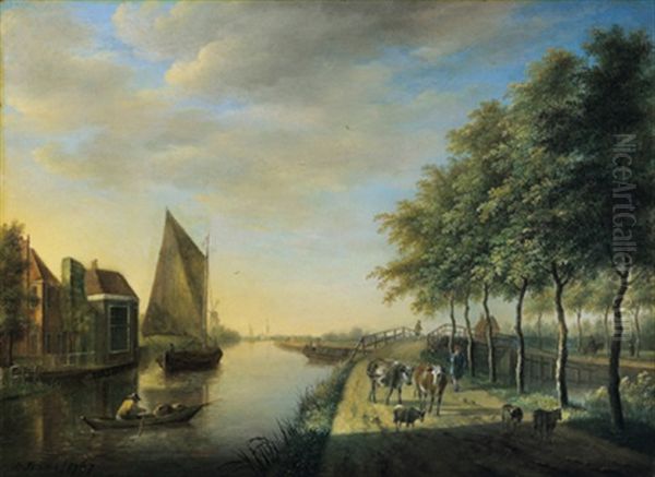 Hollandische Flusslandschaft Mit Booten Und Einer Herde Oil Painting by Johannes I Janson