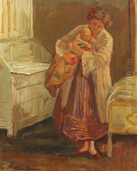 A Mother With Her Child In The Bedroom Oil Painting by Luplau Janssen