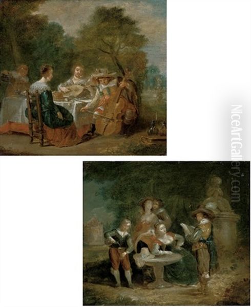 Elegant Company Making Music At A Table (+ Elegant Company Listening To A Recital; Pair) Oil Painting by Hieronymous (Den Danser) Janssens