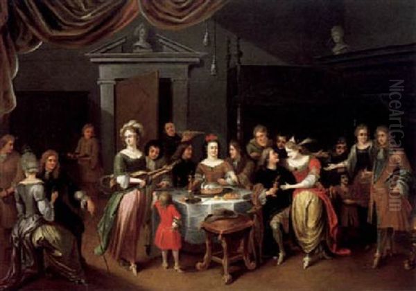 Elegantes Gesellschaft Bei Einem Festmahl Im Saal Eines Schloses Oil Painting by Hieronymous (Den Danser) Janssens