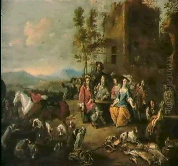 Chasseurs Faisant Halte Pres D'une Auberge Oil Painting by Hieronymous (Den Danser) Janssens