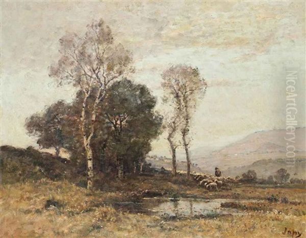 A Shepherd Tending To His Flock By A Pool Oil Painting by Louis-Aime Japy