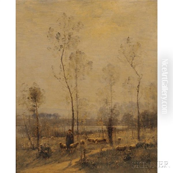 Shepherdess With Her Flock In A Field Oil Painting by Louis-Aime Japy