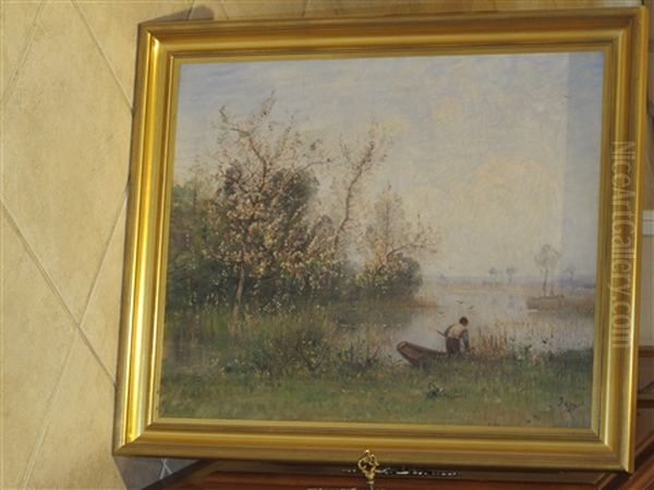 Pecheur Et Sa Barque Au Bord De L'etang Oil Painting by Louis Aime Japy