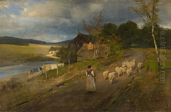 Gehoft Mit Bauerin Und Schafherde Oil Painting by Louis Aime Japy
