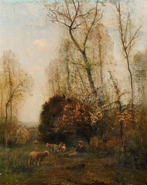 Paysanne Et Son Troupeau Oil Painting by Louis Aime Japy