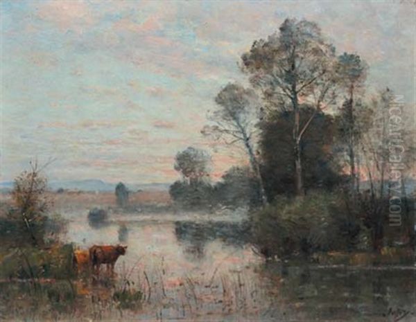 Vaches Au Bord De L'etang Oil Painting by Louis Aime Japy