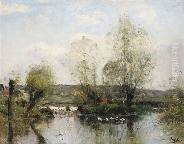 Sommerliche Landschaft Mit Einem Weiher Am Dorfrand Oil Painting by Louis-Aime Japy