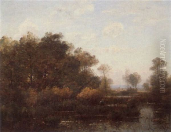 Fisherman At The Watering Hole Oil Painting by Louis Aime Japy