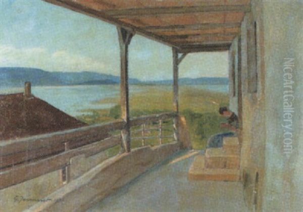 Blick Auf Uberdachte Terrasse Und Seelandschaft Oil Painting by Gustave Jeanneret