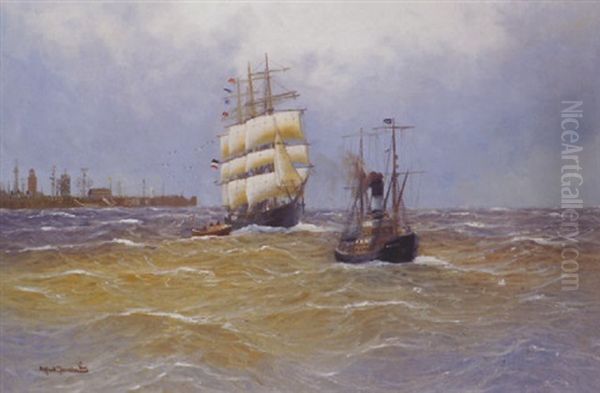 Ausfahrt Aus Dem Cuxhavener Hafen Oil Painting by Alfred Serenius Jensen