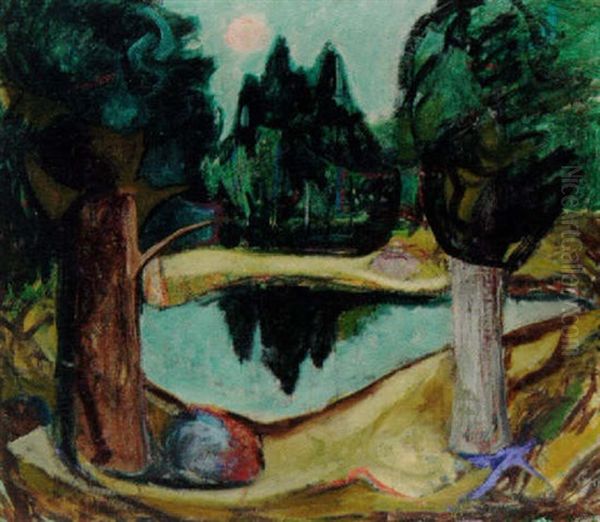 Skovparti Med So, Bornholm Oil Painting by Einar Herman Jensen