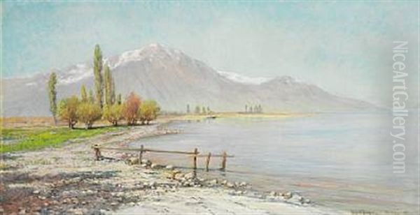 Scene From Villeneuve With A View Of Lac Leman And The Alps Oil Painting by Holger Hvitfeldt Jerichau