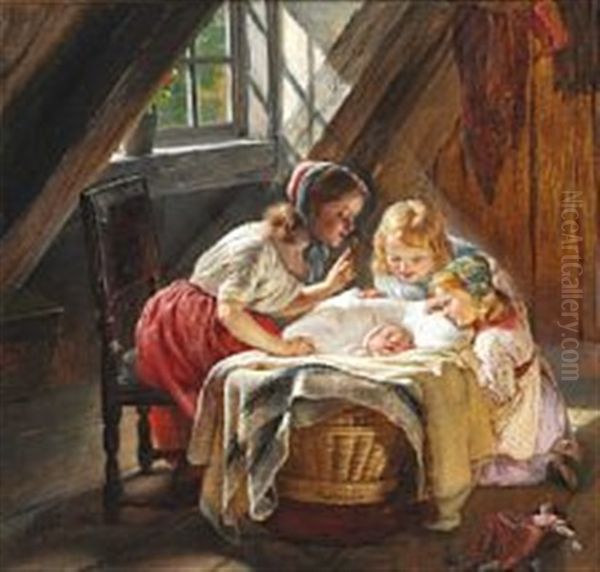 Interior With Three Little Girls Oil Painting by Elisabeth Anna Maria Jerichau-Baumann