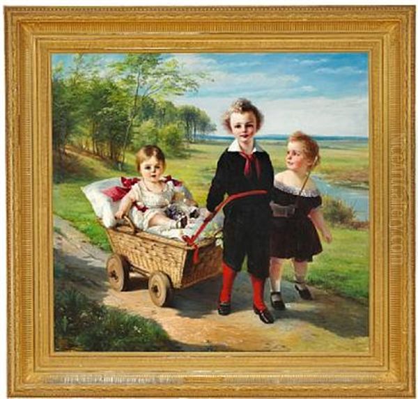 Three Children Belonging To The Treschow Family. Summer Landscape With Frederik, Harry And Katie Oil Painting by Elisabeth Anna Maria Jerichau-Baumann