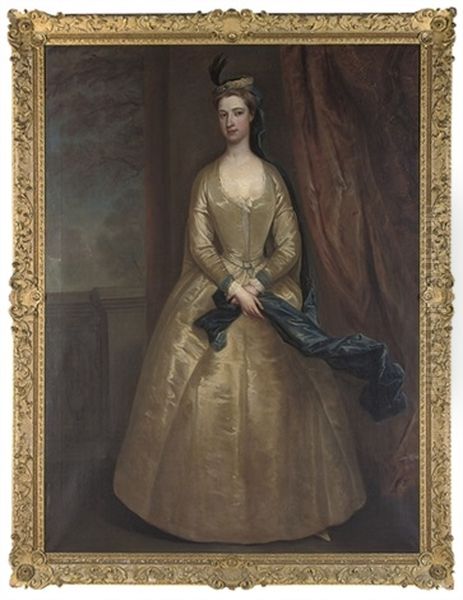 Portrait Of Lady Barbara North, In An Oyster Satin Dress And A Blue Wrap, On A Terrace Oil Painting by Charles Jervas