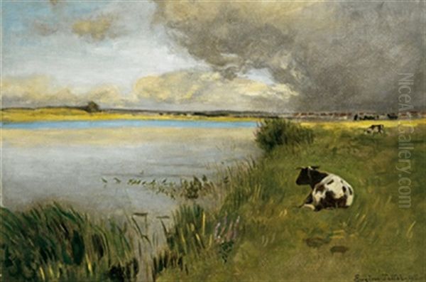 Scheckige Kuh Am Flusufer Liegend Oil Painting by Eugen Jettel