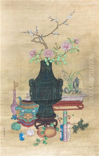 A Chinese Ink And Color Painting On Silk Oil Painting by  Jiang Tingxi