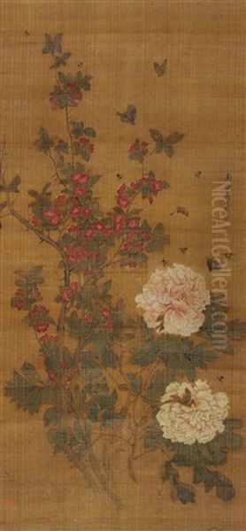 Poeny Bee And Butterfly Oil Painting by  Jiang Tingxi