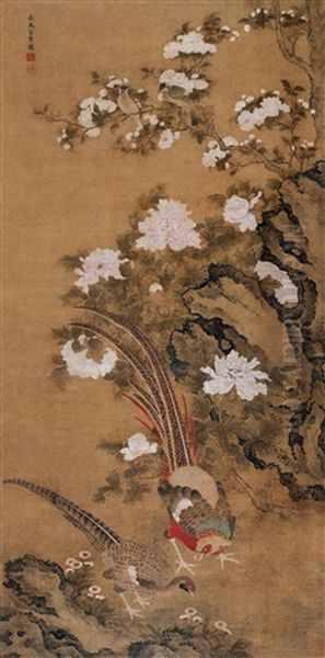 Peonies And Golden Pheasants Oil Painting by  Jiang Tingxi
