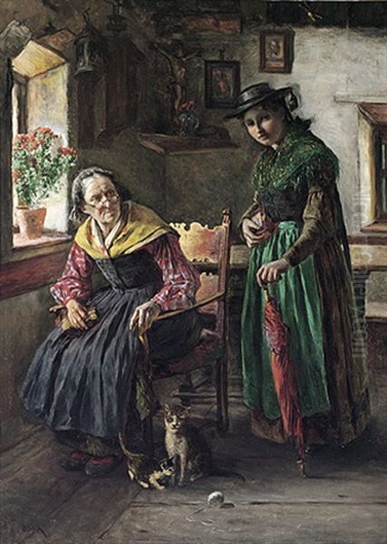 Grosmutter Und Enkelin In Tracht In Der Guten Stube Eines Bauernhauses Oil Painting by Alfred Jirasek