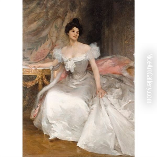 Portrait De Jeune Femme En Robe Blanche Oil Painting by Etienne Albert Eugene Joannon-Navier