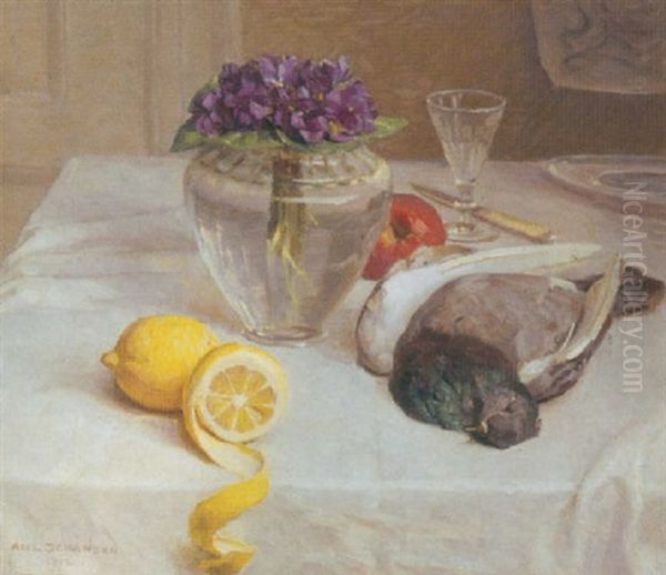 Opstilling Med Due, Citron Og Violer I Glasvase Oil Painting by Axel Johansen
